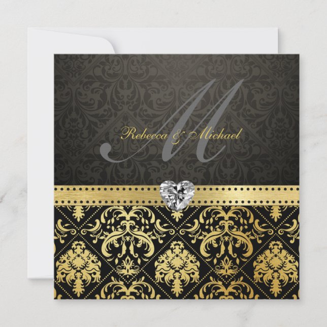 Elegant Black and Gold Damask with Monogram Invitation (Front)