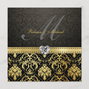 Elegant Black and Gold Damask with Monogram Invitation