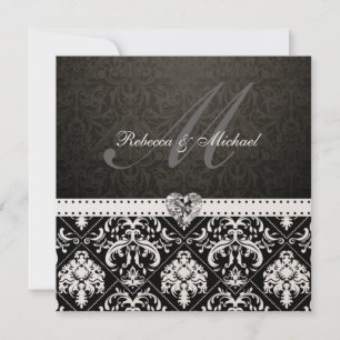 Elegant Black and Gold Damask with Monogram Invitation