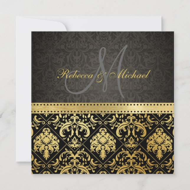 Elegant Black and Gold Damask with Monogram Invitation (Front)