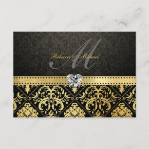 Elegant Black and Gold Damask with Monogram RSVP Card