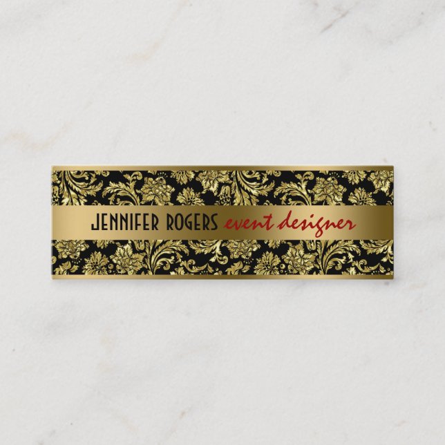 Elegant Black And Gold Damasks And Stripes 2 Mini Business Card (Front)