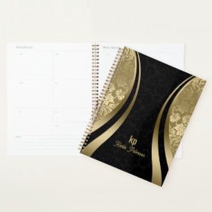 Elegant Black And Gold Damasks Dynamic Stripe Planner