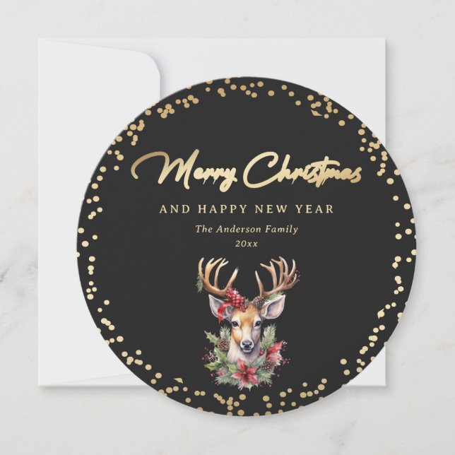 Elegant Black and Gold Deer Merry Christmas Holiday Card (Front)