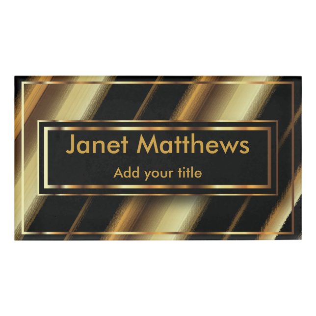 Elegant Black and Gold Diagonal Stripes Name Tag (Front)