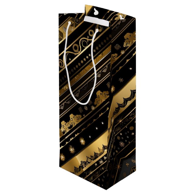 Elegant Black And Gold Diagonal Stripes Wine Gift Bag (Back Angled)