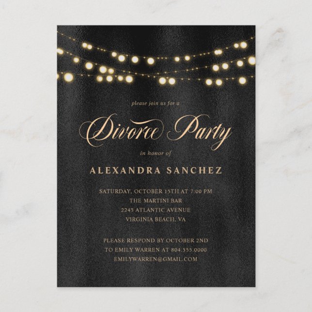 Elegant Black and Gold Divorce Party Invitation Postcard (Front)