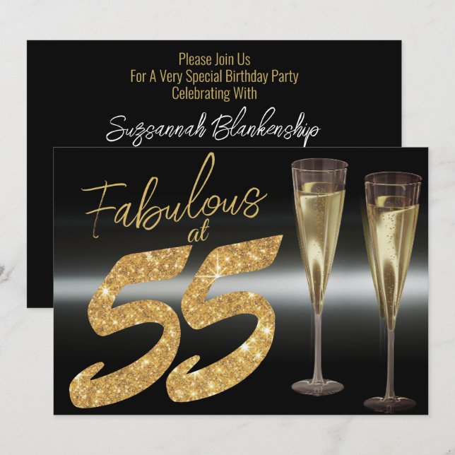 Elegant Black and Gold Fabulous at 55 Party Invitation (Front/Back)