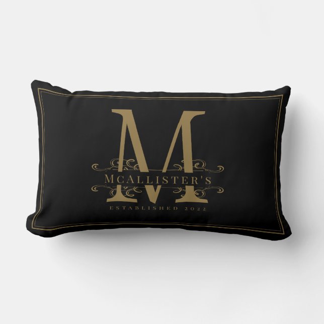 Elegant Black and Gold Family Monogram Establish  Lumbar Cushion (Front)