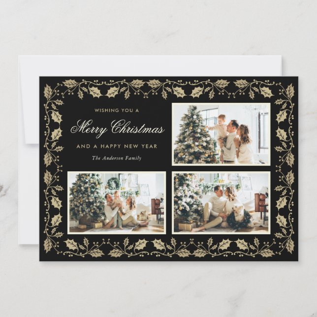 Elegant Black and Gold Family Photo Christmas Holiday Card (Front)