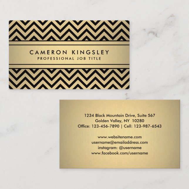 Elegant Black and Gold Faux Foil Modern Chevron Business Card (Front/Back)