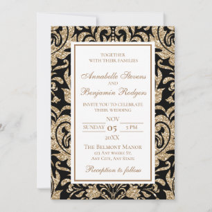 Elegant Black and Gold Faux Glitter Wedding Invitation