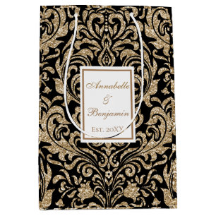 Elegant Black and Gold Faux Glitter Wedding Medium Gift Bag