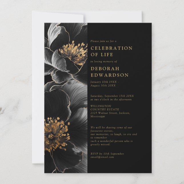 Elegant Black And Gold Floral Celebration Of Life Invitation (Front)