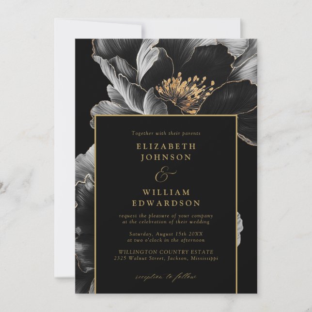 Elegant Black And Gold Floral Chic Wedding Invitation (Front)
