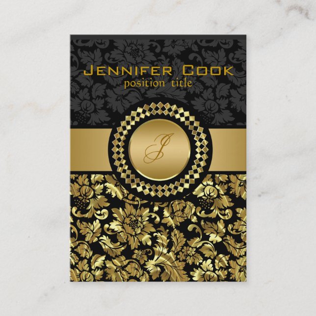 Elegant Black And Gold Floral Damasks Business Card (Front)