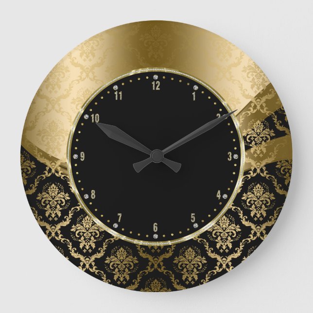 Elegant Black And Gold Floral Damasks Large Clock (Front)