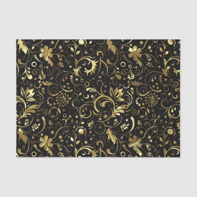Elegant Black And Gold Floral Damasks Tissue Paper (Front)