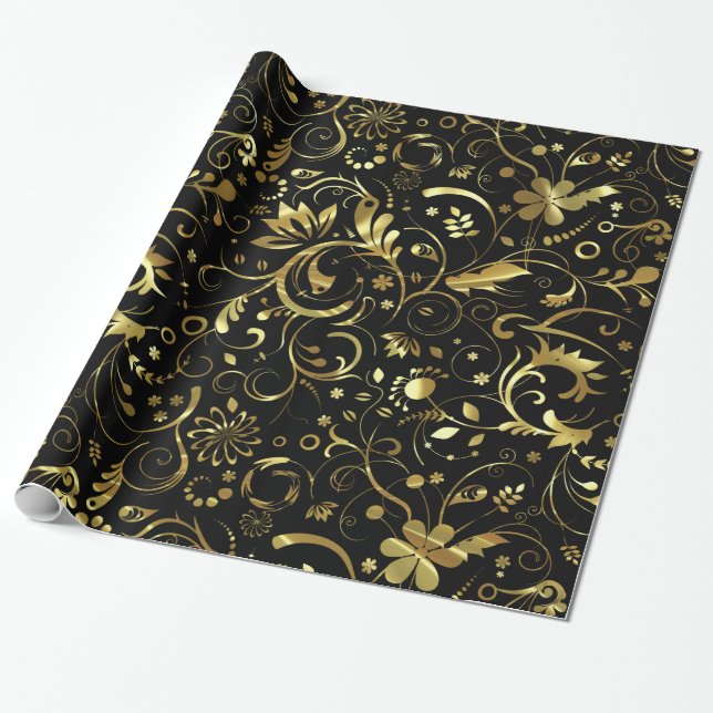 Elegant Black And Gold Floral Damasks Wrapping Paper (Unrolled)