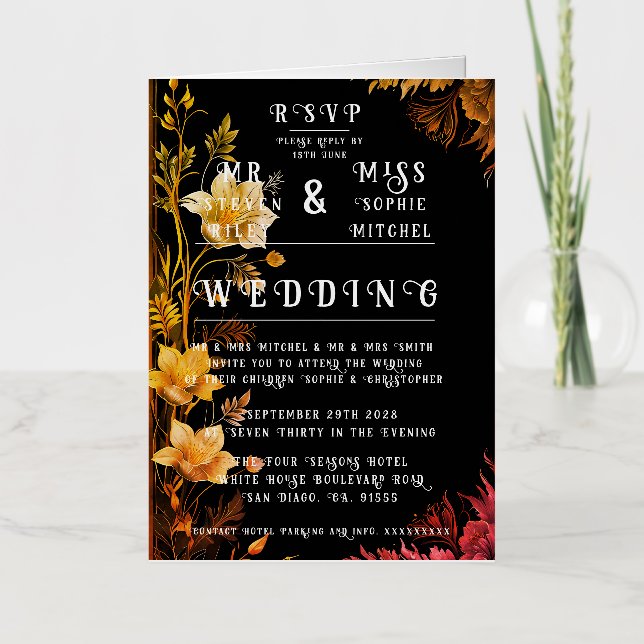 Elegant Black and Gold Floral Foil Greeting Card (Front)