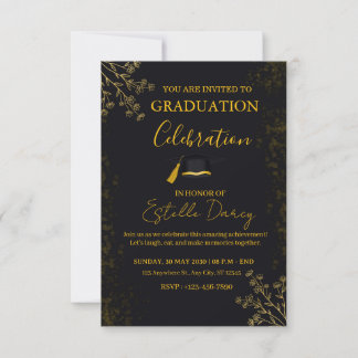 Elegant Black and Gold Floral Graduation Party Invitation