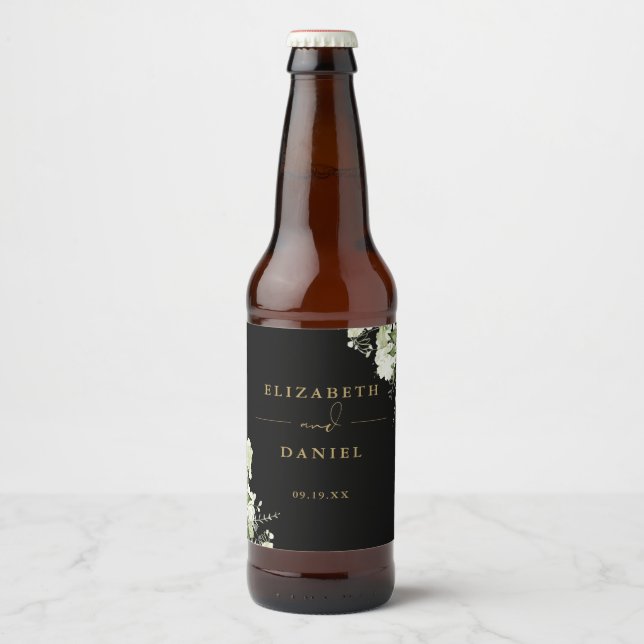 Elegant Black And Gold Floral Greenery Wedding Beer Bottle Label (Front)