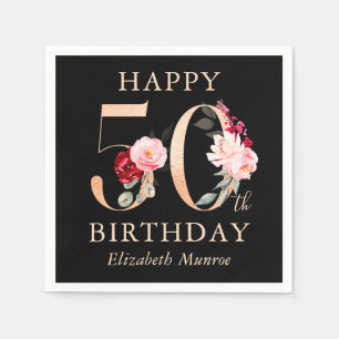 Elegant Black and Gold Floral Happy 50th Birthday Napkin