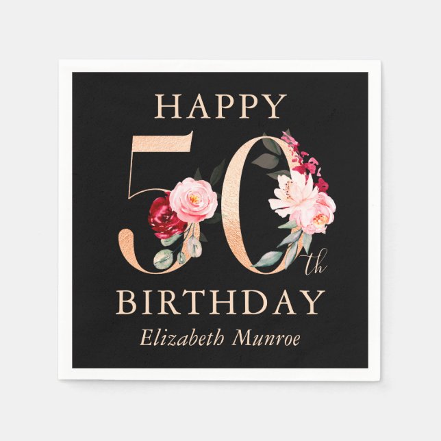 Elegant Black and Gold Floral Happy 50th Birthday Napkin (Front)