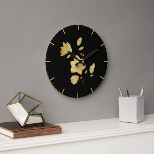Elegant Black and Gold Floral Large Clock