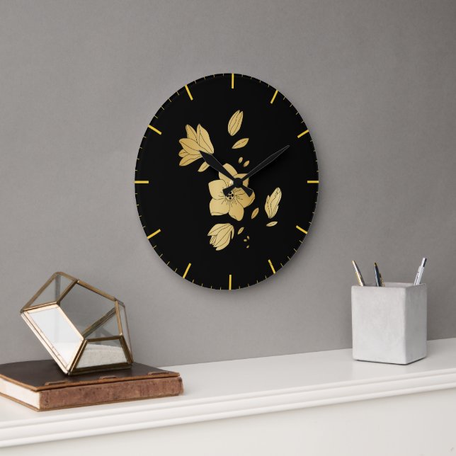 Elegant Black and Gold Floral Large Clock (Office)