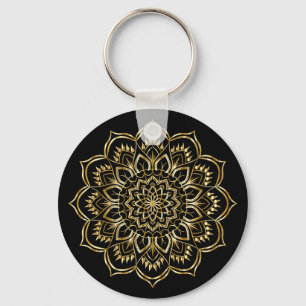 Elegant Black and Gold Floral Mandala Pattern Key Ring