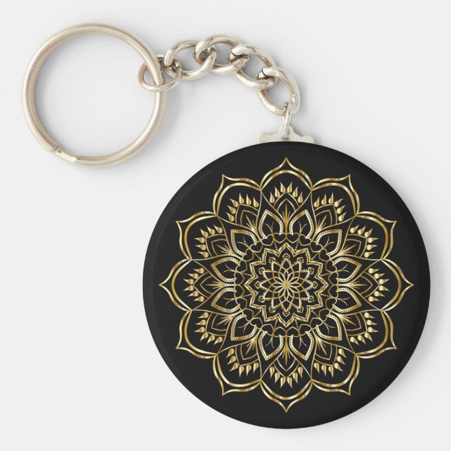 Elegant Black and Gold Floral Mandala Pattern Key Ring (Front)