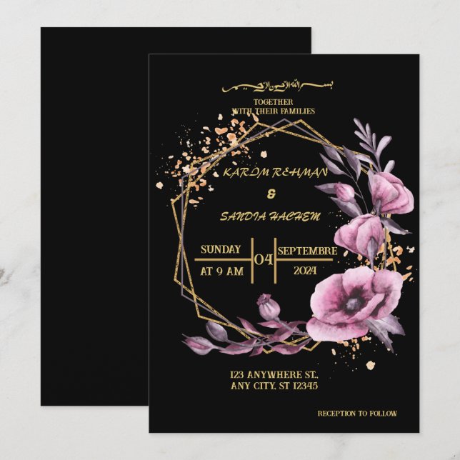 Elegant Black and gold floral Muslim Wedding Invit Invitation (Front/Back)