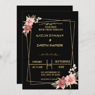 Elegant Black and gold floral Muslim Wedding Invitation