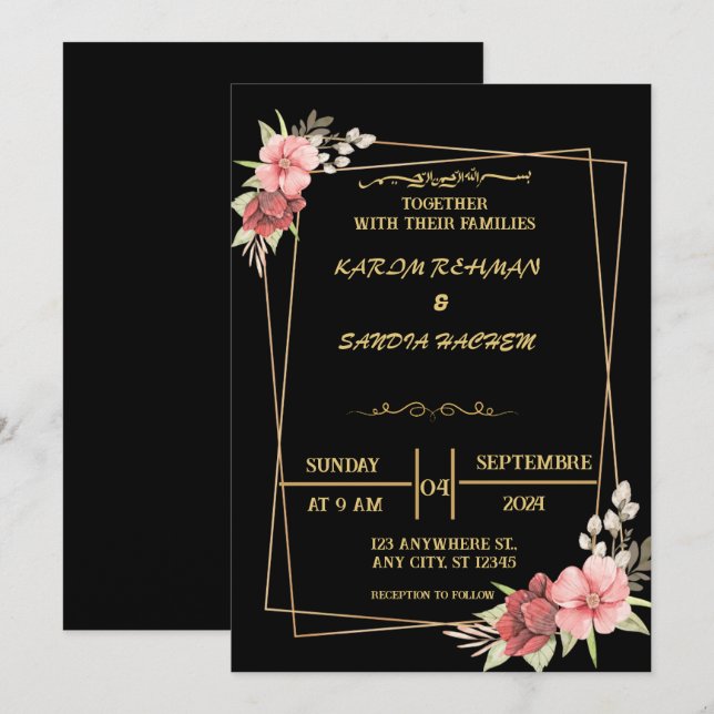 Elegant Black and gold floral Muslim Wedding Invitation (Front/Back)