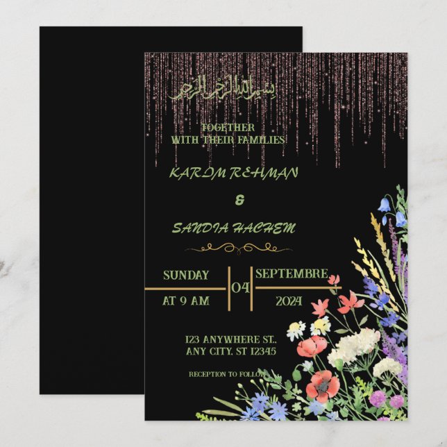 Elegant Black and gold floral Muslim Wedding Invitation (Front/Back)