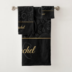 Elegant Black and Gold Floral Name Monogram Bath T Towel Set