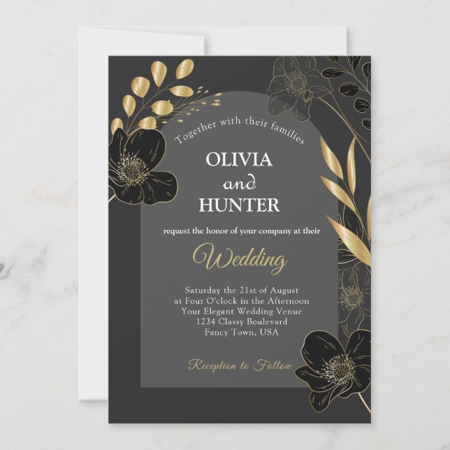 Elegant Black and Gold Floral Photo Wedding card (Front)