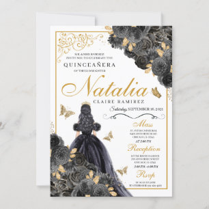 Elegant Black and Gold Floral Quinceanera Birthday Invitation