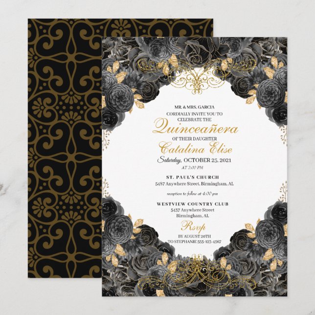 Elegant Black and Gold Floral Quinceanera Birthday Invitation (Front/Back)