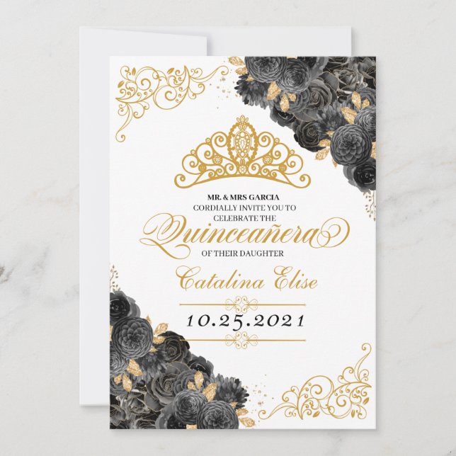Elegant Black and Gold Floral Quinceanera Birthday Invitation (Front)