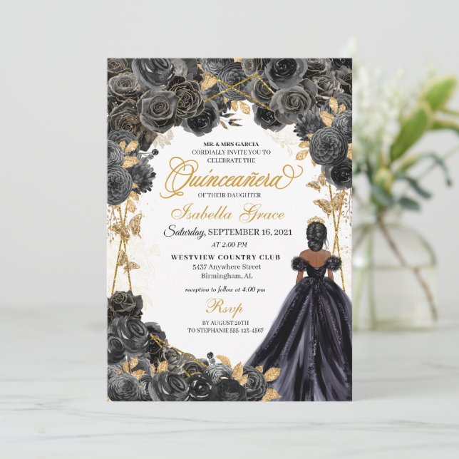 Elegant Black and Gold Floral Quinceanera Invitati Invitation (Standing Front)