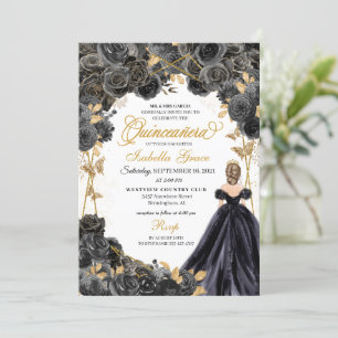 Elegant Black and Gold Floral Quinceanera Invitati Invitation