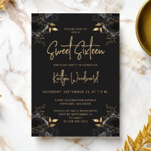 Elegant Black and Gold Floral Sweet 16 Party Invitation