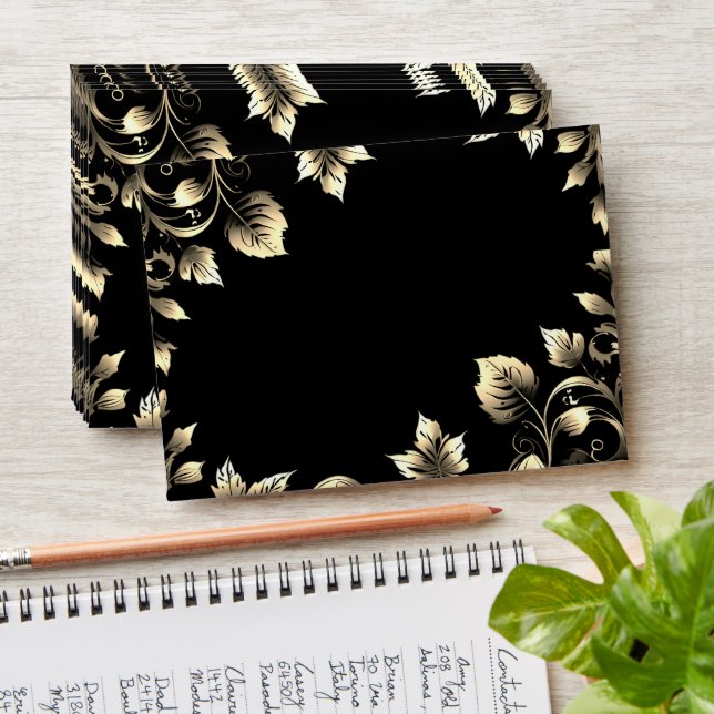 Elegant Black and Gold Floral Wedding  Envelope (Stacked)
