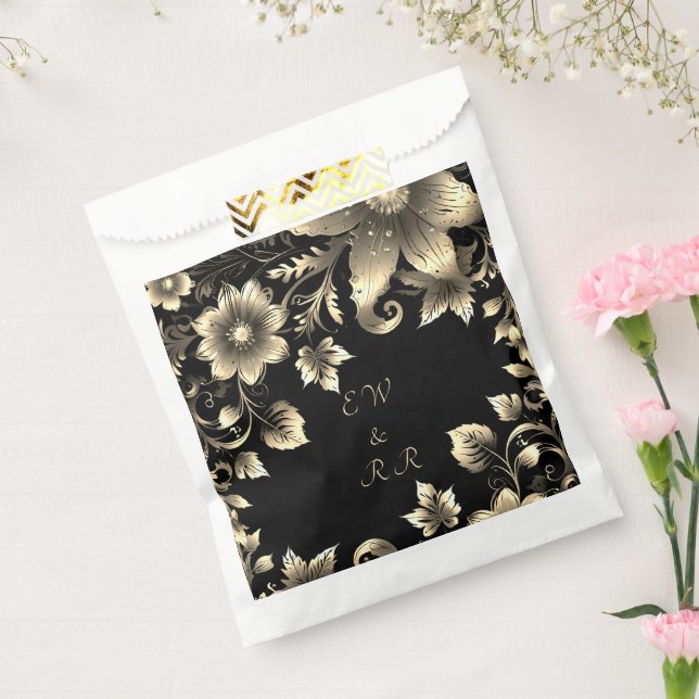 Elegant Black and Gold Floral Wedding  Favour Bags (Sealed)