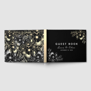 Elegant Black and Gold Floral Wedding Guest Book