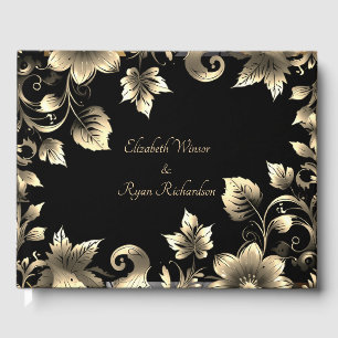 Elegant Black and Gold Floral Wedding Guest Book
