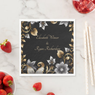 Elegant Black and Gold Floral Wedding Invitation  Napkin