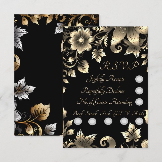Elegant Black and Gold Floral Wedding Sets RSVP Card (Front/Back)